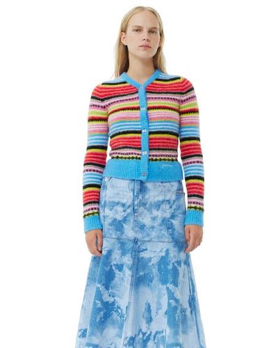 Ganni Striped Soft Wool Cardigan - Blue