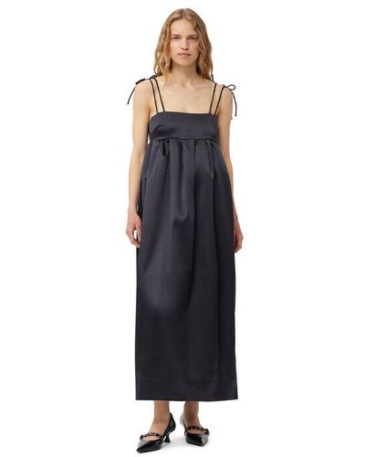 Ganni Black Double Satin String Long Dress Size 4 Elastane/recycled Polyester - Blue