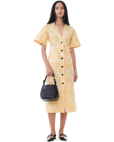 Ganni Yellow Botanical Jacquard Midi Dress Size 4 Polyamide/polyester - Metallic