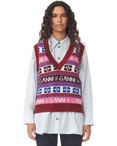 Ganni Gilet en laine Jacquard avec motif de logo - Multicolore