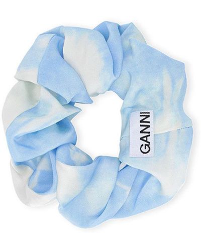 Ganni Blue Printed Satin Scrunchie - Blau