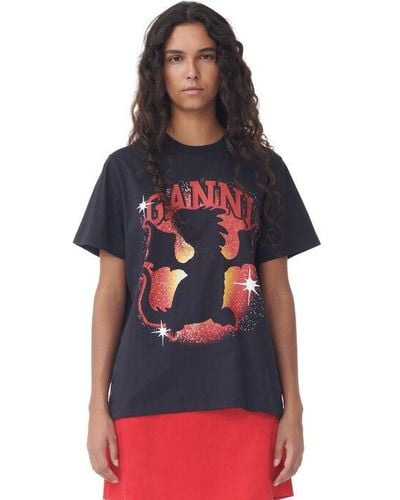 Ganni Dark Gray Relaxed Dragon T-shirt Size 2xs Organic Cotton - Red