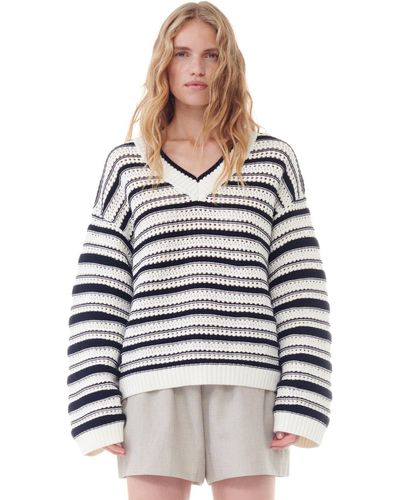Ganni Striped Cotton V-neck Pullover Size 2xs/xs - White