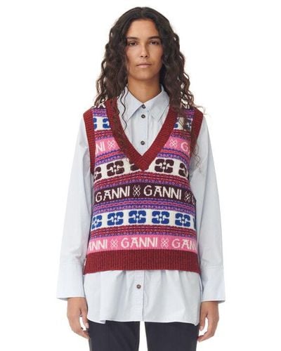Ganni Jacquard Wool Vest With Logo Pattern - Multicolor