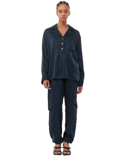 Ganni Long Sleeve Blue Washed Twill Satin Oversized Shirt