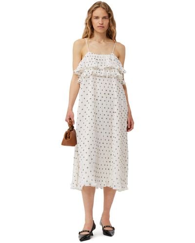 Ganni Pleated Georgette Midi Strap Dress - White
