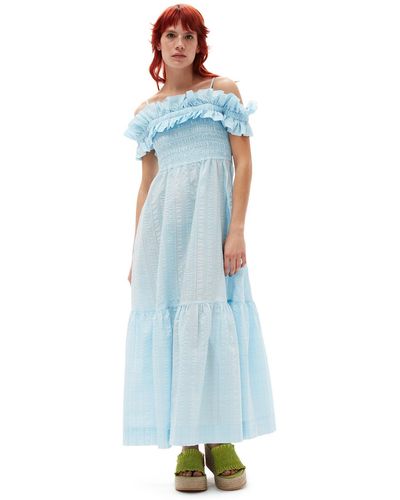 Ganni Gesmoktes Karo-Maxikleid - Blau