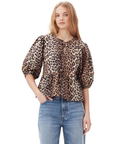 Ganni Leopard Cotton Poplin Peplum Tie Blouse - Multicolor
