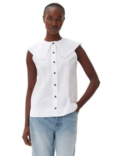 Ganni Cotton Poplin Sleeveless Frill Collar Shirt - Black
