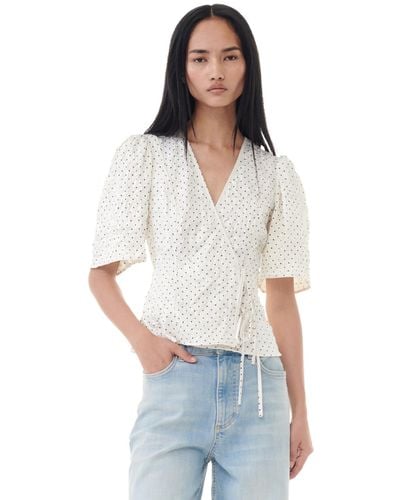 Ganni White Dotted Crinkled Satin Wickelbluse - Weiß