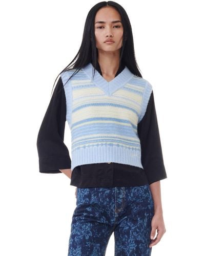 Ganni Blue Striped Soft Wool Vest