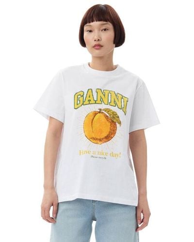 Ganni Short Sleeve Relaxed Peach T-shirt - White