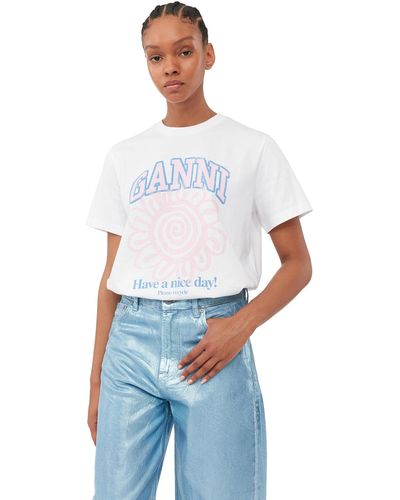 Ganni T-shirt blanc décontracté à fleurs - Bleu