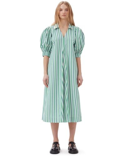 Ganni Green Striped Collar Long Kleid - Grün