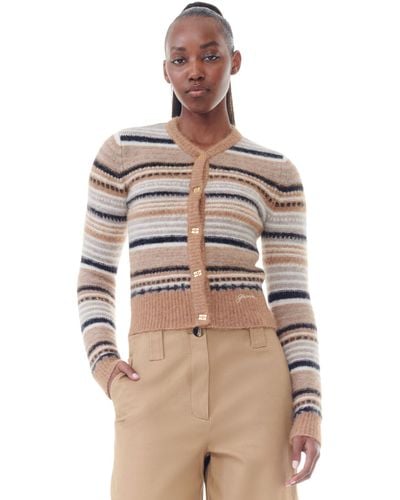 Ganni Brown Striped Soft Wool Strickjacke - Natur