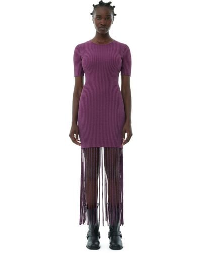 Ganni Purple Melange Knit Fringe Short Sleeve Mini Kleid - Lila