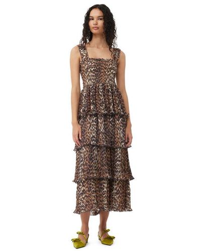 Ganni Almond Milk Leopard Pleated Georgette Flounce Smock Midi Dress Size 4 Recycled Polyester - Brown