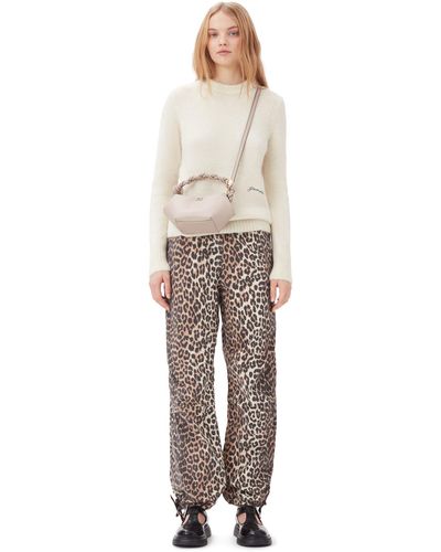 Ganni Leopard Washed Cotton Canvas Drawstring Trousers - Natural