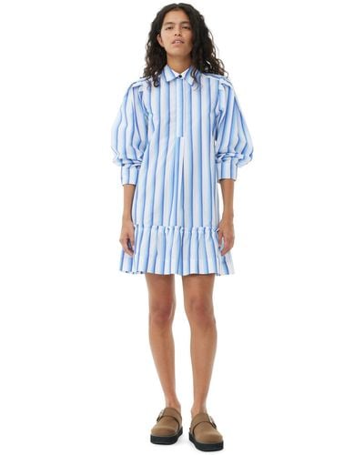 Ganni Blue Striped Cotton Mini Shirt Dress