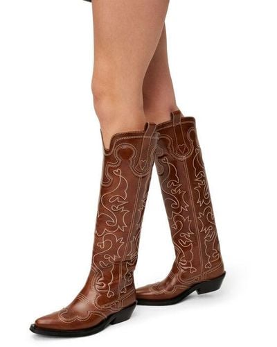 Ganni Embroidered Knee-high Western Boots - Brown