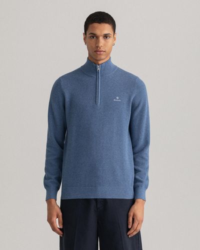 GANT Sweater Van Katoenpiqué Met Korte Rits - Blauw