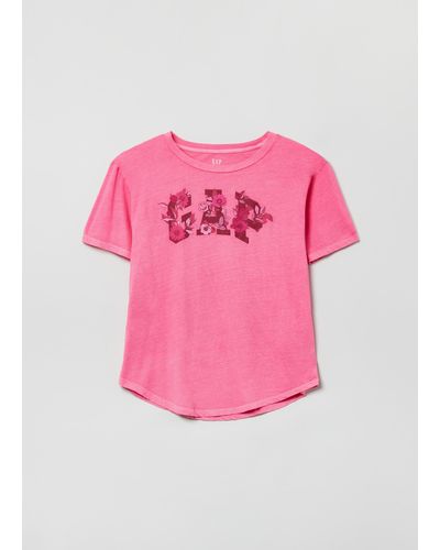 Gap T-shirt in cotone slub con logo floreale - Rosa