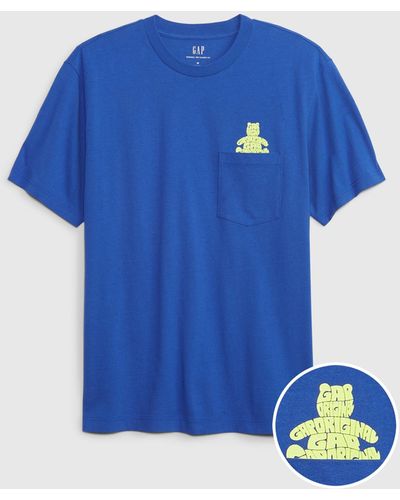 Gap T-shirt con tasca stampa orsetto e logo - Blu
