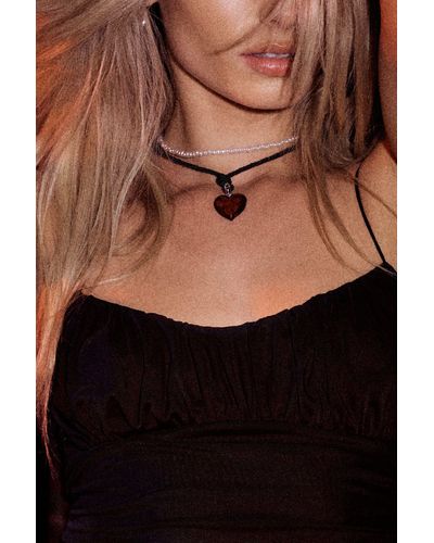 Garage Pearl & Glass Heart Necklaces - Black