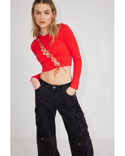 Garage Diagonal Lace-up Long Sleeve Top - Red