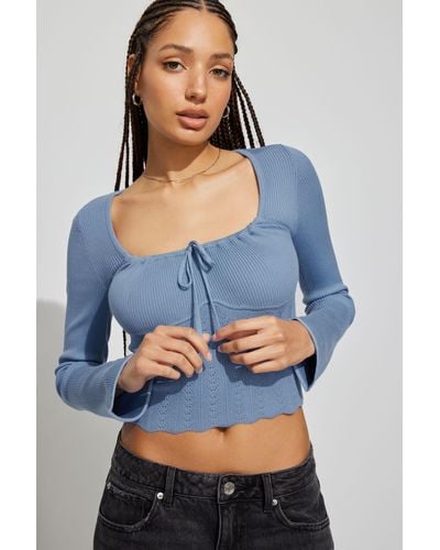 Garage Crop Tie Front Sweater - Blue