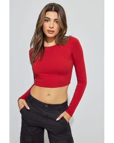 Garage Cropped Tie Back Long Sleeve Top - Red