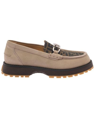 Fendi O'lock Nubuck Loafers With Logo Motif In Calf Leather And Cotton Man - Brown