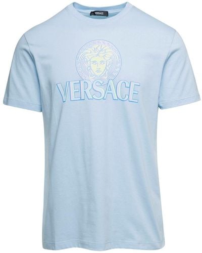 Versace T-Shirt 'Medusa' Con Stampa Logo Frontale Azzurra - Blu