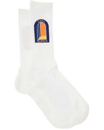 Casablancabrand Black Ribbed Socks With Intarsia Arche De Nuit In Cotton Blend Man - White