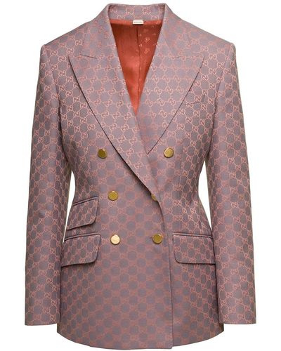 Gucci Giacca doppiopetto con motivo gg e bottoni dorati in cotone e rosa - Viola