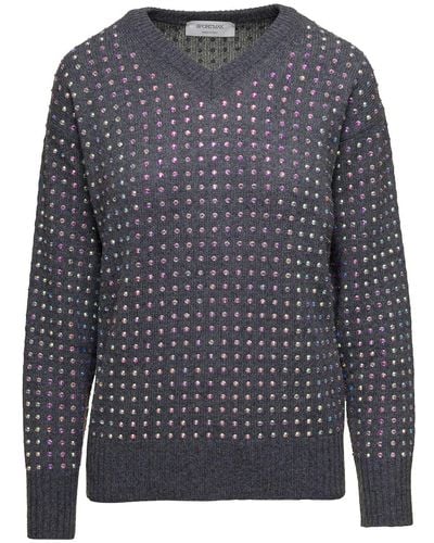 Sportmax Sweater With V Neckline And All-Over Rhinestone - Gray