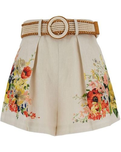 Zimmermann White Shorts With Floreal Print And Belt In Linen Woman - Natural