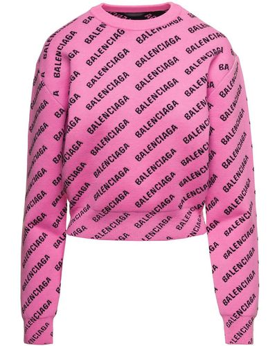 Balenciaga Pink Cropped Sweater With All-over Mini Logo In Cotton And Wool Blend