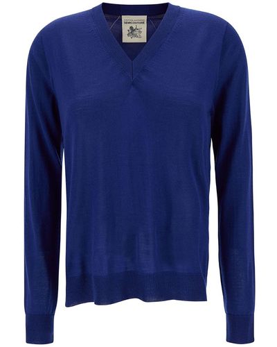 Semicouture 'Nikita' Pullover With V Neckline And Ribbed Trim In - Blue
