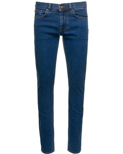 Versace Blue Fitted Jeans With Logo Embroidered And Botton In Cotton Blend Denim Woman