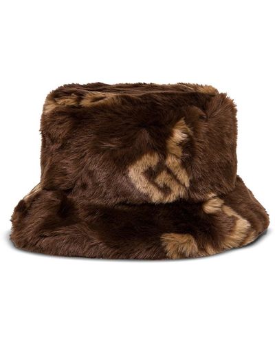 Gcds Bucket Hat In Faux Fur With Allover Logo - Brown