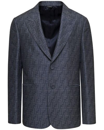 Fendi E Single-breasted Jacket With All-over Ff Motif In Wool Blend - Blue