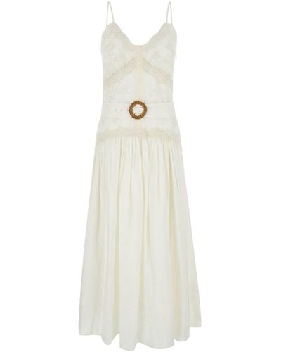 Twin Set Long Cream Dress With Embroideries And Matching Belt In - White