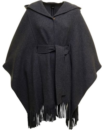 Pinko Mantella grigia melania in panno di lana con cappuccio, cintura e frange donna - Nero