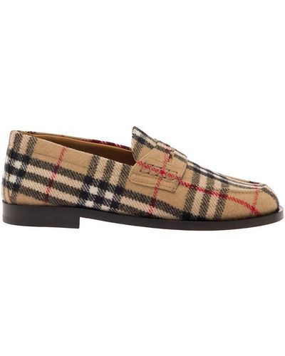 Burberry Beige Hackney Loafers With Check Motif In Wool - Brown