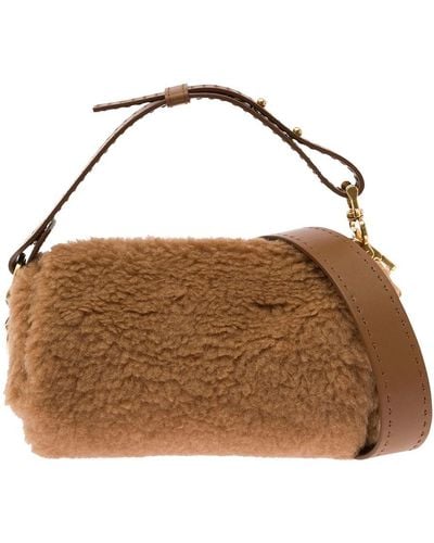 Max Mara 'small Teddy Rolls' Camel Shoulder Bag With M Monogram Branded Slider In Teddy Fabric And Silk - Brown