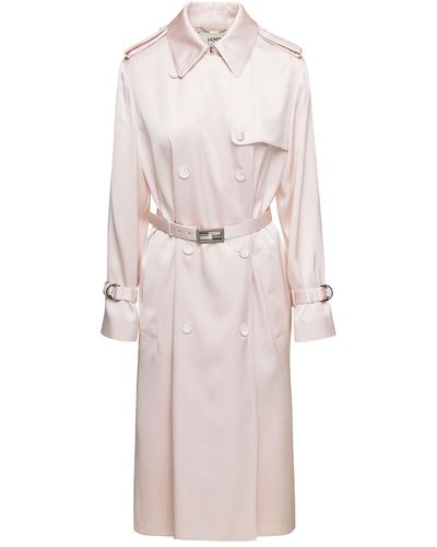 Fendi Beige Double-breasted Trench Coat With Ff Baguette Buckle And Mother-of-pearl Button In Silk - White