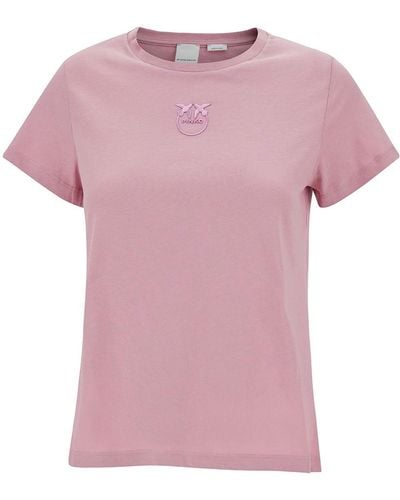 Pinko Crewneck T-Shirt With Love Birds Embroidery - Pink