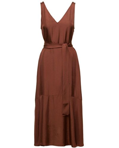 IVY & OAK 'nele' Brown Midi Dress With Belt And Flounced Skirt In Acetate