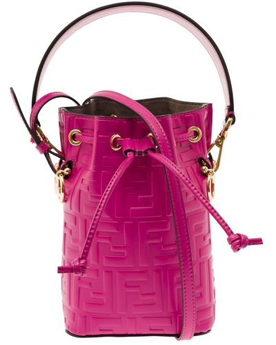 Fendi 'mon Tresor' Fuchsia Mini Bucket Bag With Drawstring Closure With Embossed Ff Motif In Leather - Pink